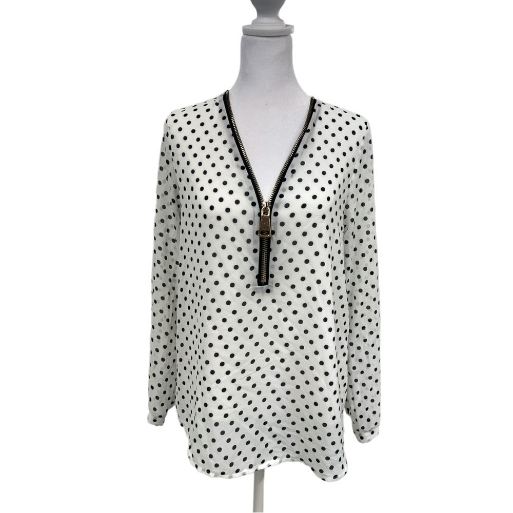 White with Black Polka dots long sleeve sheer blouse with gold zipper at front